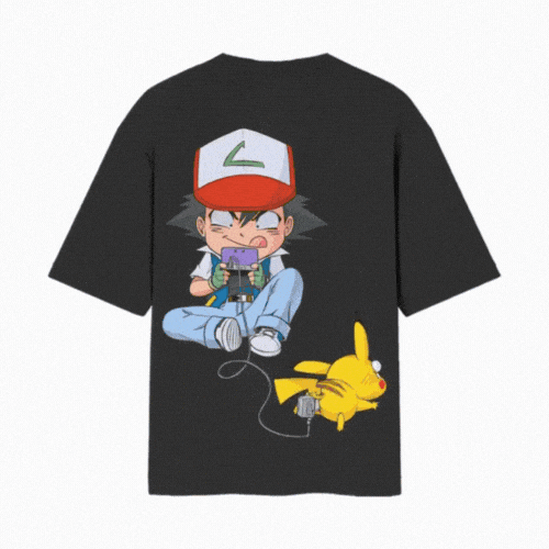 Pikachu Phone Charger Tee Back Printed Oversized Black Tshirt