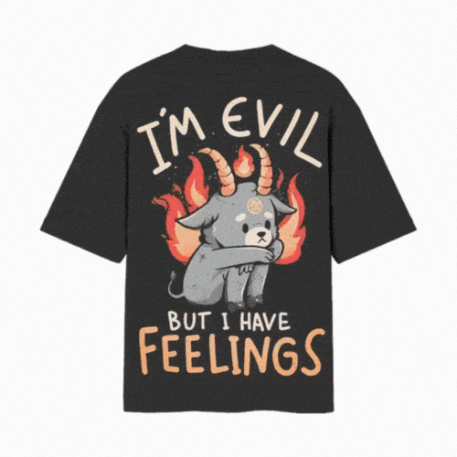 Cute Evil With Feelings Back Printed Oversized Black Tshirt