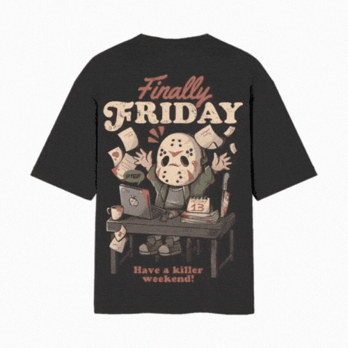 Finally Friday “Friday The 13th” Parody Cute Villian Back Printed Oversized Black Tshirt