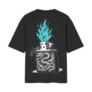 Lit. Blue Fire Lighter Puff Front Back Print Oversized Unisex Black Tshirt