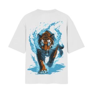 Wild Tiger Puff Front Back Print Oversized Unisex White Tshirt