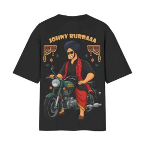 Johny Burraaa (Johny Bravo) With Bike Punjabi Version Front Back Printed Black Tshirt