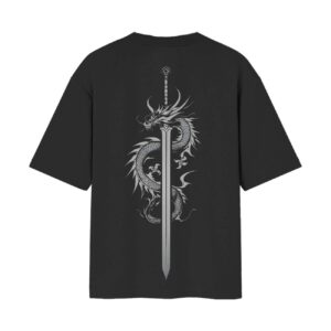 Dragon Sword Minimal Front Back Printed Oversized Black Tshirt