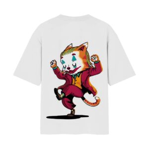 Joker Cat (Why So Furry-ous) Dancing Back Printed Oversized White Tshirt
