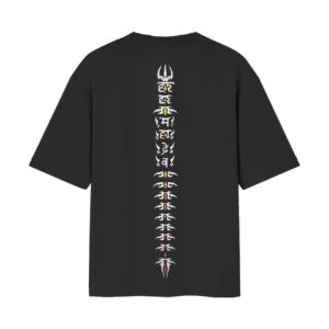 Mahadev Spine Minimal Front Back Printed Oversized Black Tshirt