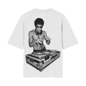 Bruce Lee as DJ – “Beat ’em with Bass” Back Printed Oversized White Tshirt