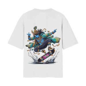 Cool Krishna Skateboarding “Trust In God’s Plan” Front Back Printed Oversized White Tshirt