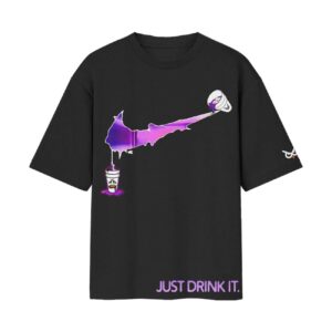 Party Splash Swoosh “Just Drink It” Nike Parody Front Printed Oversized Black Tshirt