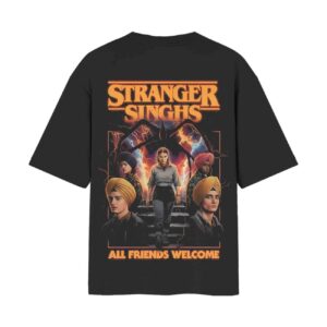 Stranger Singhs (Stranger Things Parody) Punjabi Edition Back Printed Oversized Black Tshirt Stranger Singhs (Stranger Things Parody) Punjabi Edition Back Printed Oversized Black Tshirt