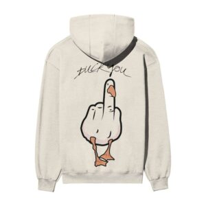 Duck You Middle Finger Back Printed Oversized OFF-White Hooded Sweatshirt
