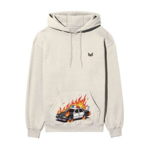 Chaos on Wheels – Burning Police Car Front Pocket Printed OFF-White Hooded Sweatshirt
