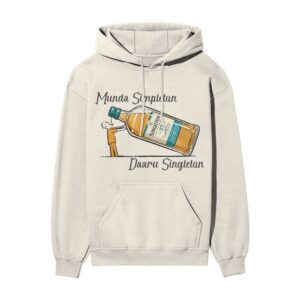 Munda Simpleton Daaru Singleton Whiskey – Drinking From Bottle Front Printed OFF-White Oversized Hooded Sweatshirt