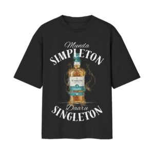 Munda Simpleton Daaru Singleton Whiskey – Whisky Bottle Front Printed Black Oversized Tshirt