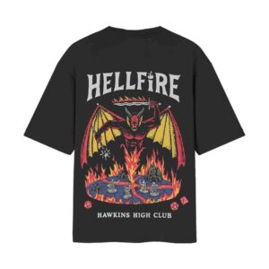 Stranger Things – Hellfire Hawkins High Club Oversized Front Back Printed Black Tshirt Stranger Things – Hellfire Hawkins High Club Oversized Front Back Printed Black Tshirt