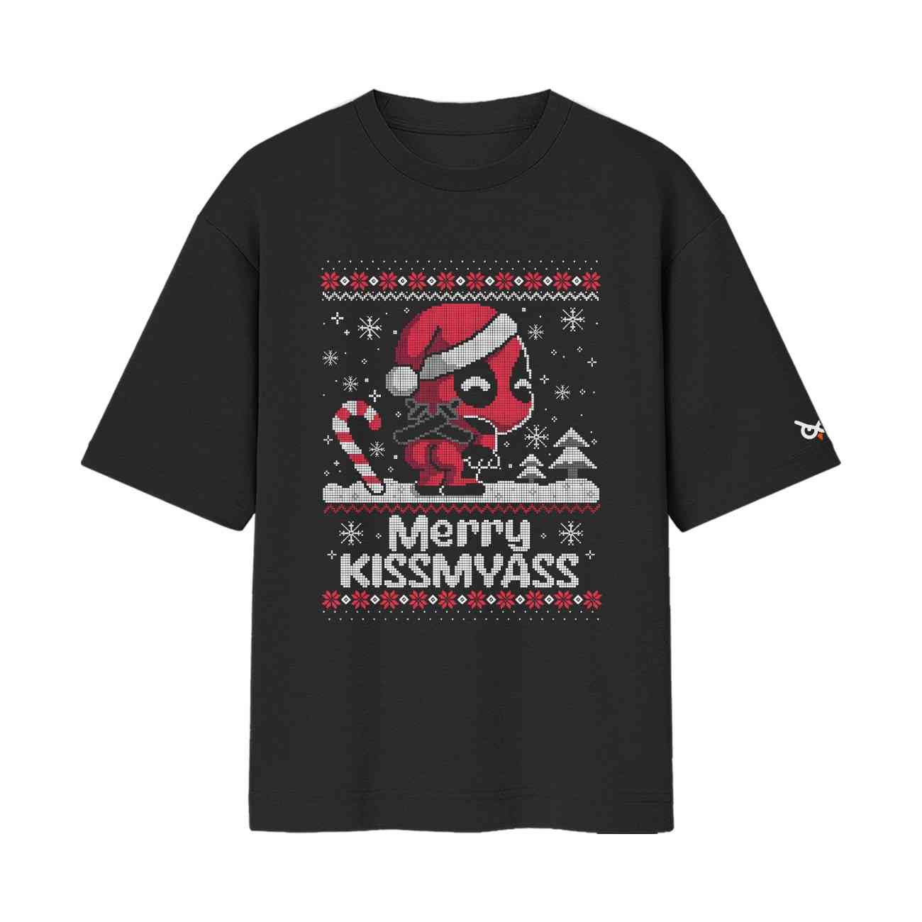 Marvel Deadpool - Merry Christmas (Kiss My Ass) Funny Oversized Front Print Black Tshirt | ooltaseedha.com