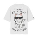 I Am Not Anti-Social, I Am Anti-Stupid Classy Cat Middle Finger Oversized Front Printed White T-Shirt ooltaseedha.com
