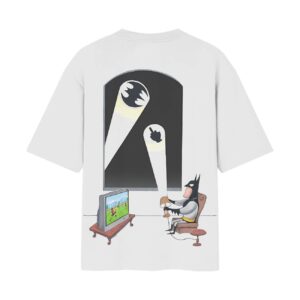 Batman Showing Middle Fingure Watching Football Match Oversized Back Printed White T-Shirt