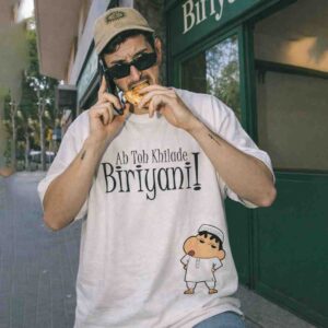 Biriyani Lover With Cute Shinchan (Ab Toh Khilade Biriyani) Oversized Front Print White T-Shirt ooltaseedha.com