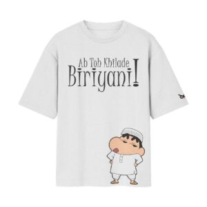 Biriyani Lover With Cute Shinchan (Ab Toh Khilade Biriyani) Oversized Front Print White T-Shirt