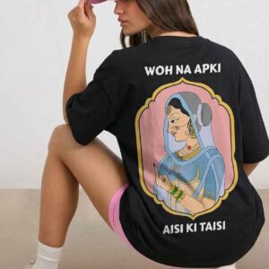 Aisi Ki Taisi Mughal Portrait Rani showing Middle Finger Oversized Back Print Black T-Shirt ooltaseedha.com