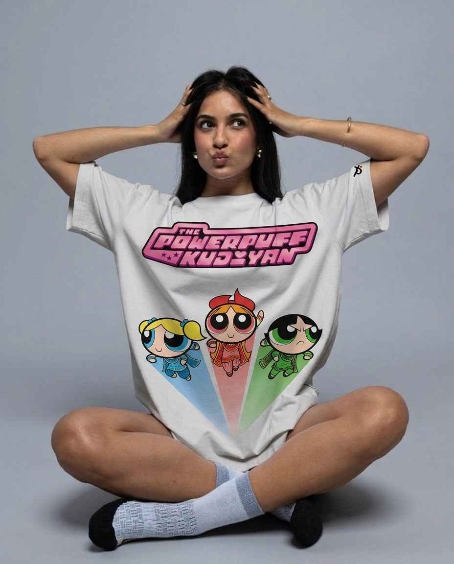 PowerPuff Kudiyan (Powerpuff Girls Punjabi Version) Oversized Front Print White T-Shirtooltaseedha.com