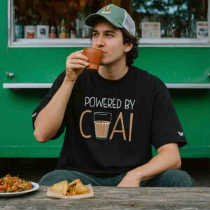 Powered By Chai - Desi Fuel | Teal Lover Edition | Oversized Front Print Black T-Shirt ooltaseedha.com