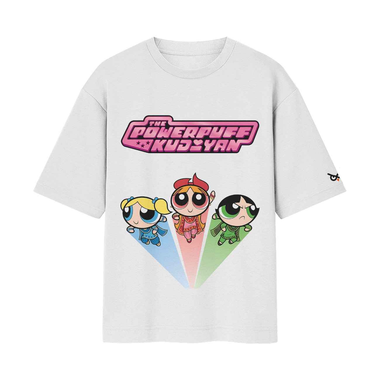 PowerPuff Kudiyan (Powerpuff Girls Punjabi Version) Oversized Front Print White T-Shirtooltaseedha.com