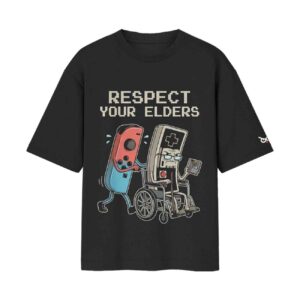 Respect Your Elders Gaming Consoles Switch VS Old Console Controller Oversized Front Printed Black T-Shirt