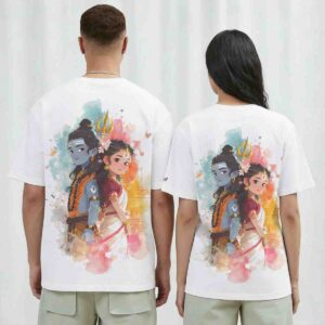 Shiv Parvati Cute Couple Kids and Teens Versions Oversized Front Back Print White T-Shirt