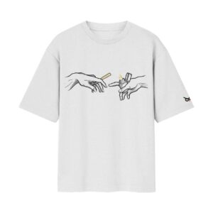 Universal High Vibes | Lighting Cigi (Creation Of Adam) Oversized Front Back Print White T-Shirt ooltaseedha.com