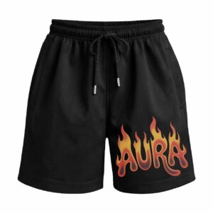 Match My Vibe ‘Aura Fire’ Premium Relaxed Fit Front Print Black Shorts