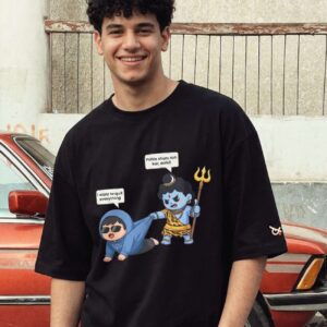 Divine Reality Check | Cute Shiv Ji Motivating Oversized Front Print Black T-Shirt ooltaseedha.com