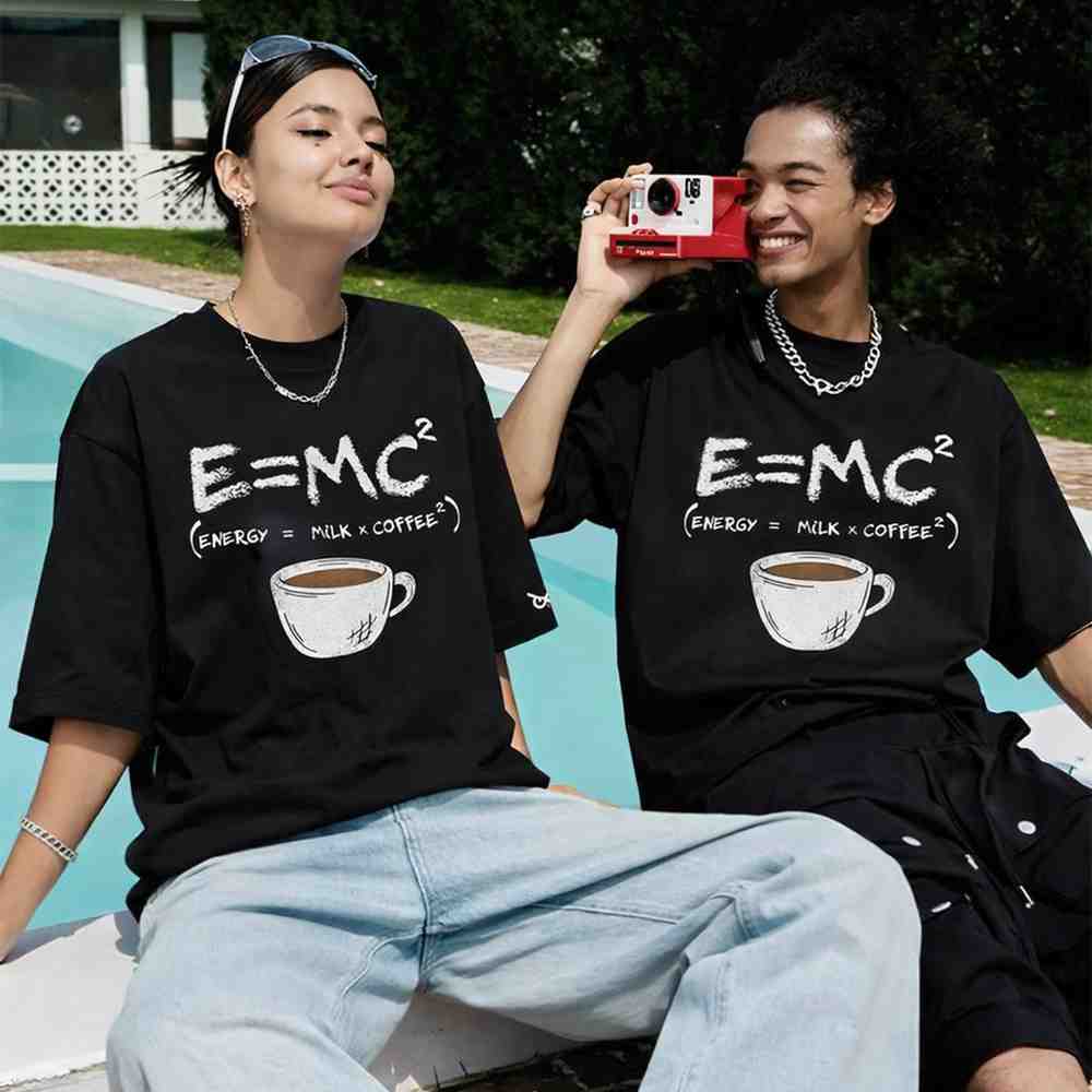 RELATIVELY CAFFEINATED (Energy = Milk x Coffee Squared) | High IQ Humour Oversized Front Print Black T-Shirtooltaseedha.com