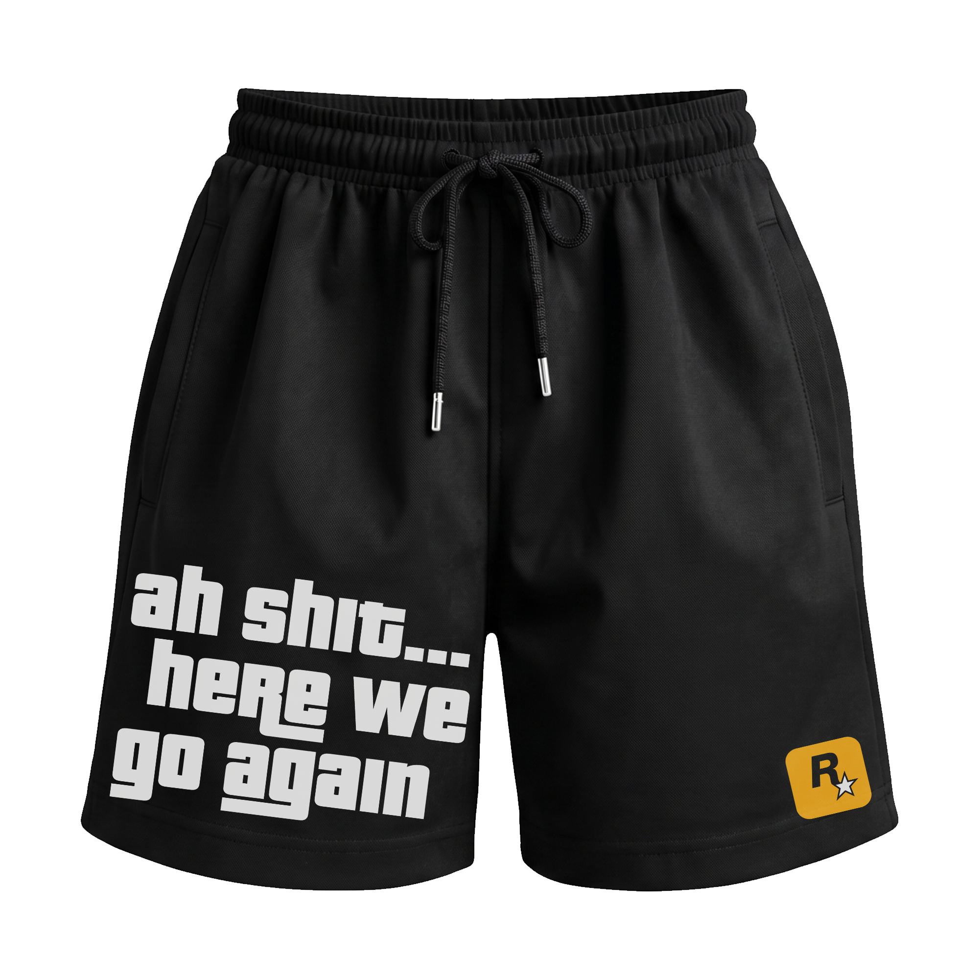 Main Character Energy ‘Here We Go Again’ Premium Relaxed Fit Front Print Black Shorts