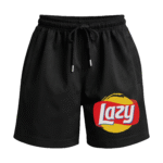 LAZY Lays Logo Parody Premium Relaxed Fit Front Print Black Shorts ooltaseedha.com