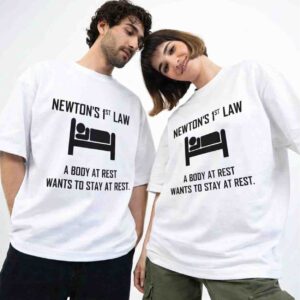 THE LAW OF INERTIA (Scientifically justified laziness) | High IQ Humour Oversized Front Print White T-Shirt ooltaseedha.com