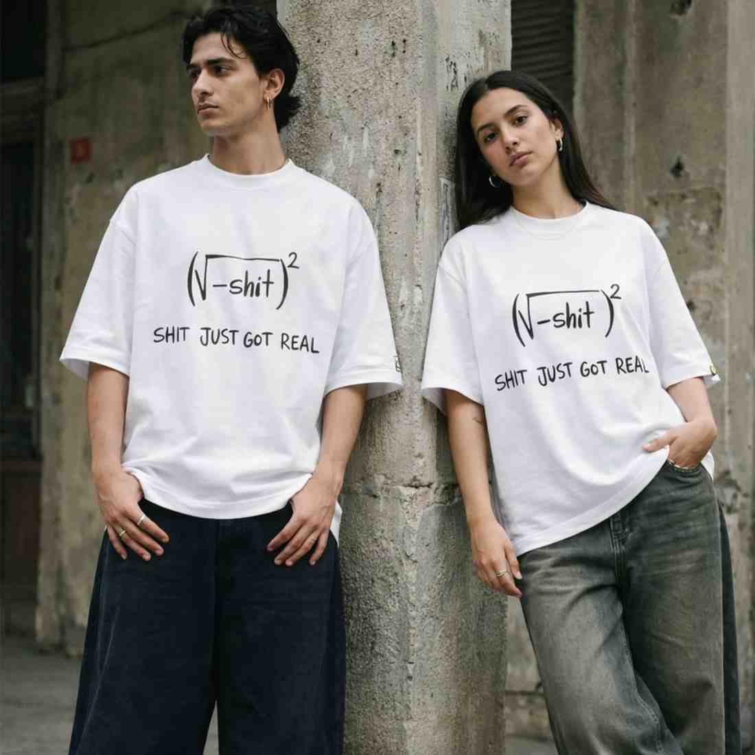 SHIT JUST GOT REAL (Squaring the imaginary root) | High IQ Humour Oversized Front Print White T-Shirt ooltaseedha.com