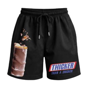 Satisfy Your Craving ‘Thicker Than a Snicker’ Parody Premium Relaxed Fit Front Print Black Shorts