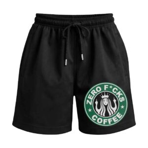 Unbothered Morning Brew ‘Zero Fucks Coffee’ Premium Relaxed Fit Front Print Black Shorts