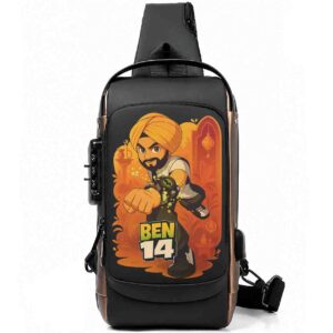 Ben10 Parody Punjabi Ben14 Printed Black Bronze Premium Chester Bag W/ Zipper Lock and Charging Port