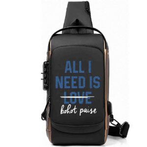All I Need Is Bohot Paise (Not Love) Printed Black Bronze Premium Chester Bag W/ Zipper Lock and Charging Port