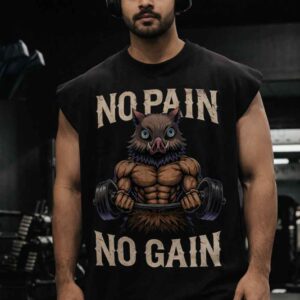 Demon Slayer- Kimetsu | No Pain No Gain | The "Beast Breathing Bulk" Premium Boxy Fit Front Printed Sleeveless Tank Top Vest ooltaseedha.com