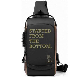 Started From The Bottom Hustle – Drake OVO Owl Printed Black Bronze Premium Chester Bag W/ Zipper Lock and Charging Port