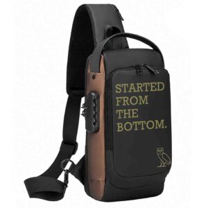Started From The Bottom Hustle - Drake OVO Owl Printed Black Bronze Premium Chester Bag W/ Zipper Lock and Charging Port ooltaseedha.com