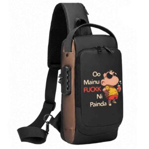 Oo Maine Fuck Ni Penda | Cool Shinchan Printed Black Bronze Premium Chester Bag W/ Zipper Lock and Charging Port ooltaseedha.com