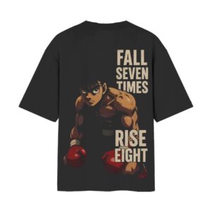 Fall Seven, Rise Eight – Ippo Makunouchi Boxing | Hajime No Ippo | Oversized Front Back Printed Black T-Shirt