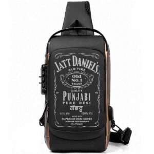 Jatt Daniels (Jack Daniels) Whisky Cover Printed Black Bronze Premium Chester Bag W/ Zipper Lock and Charging Port
