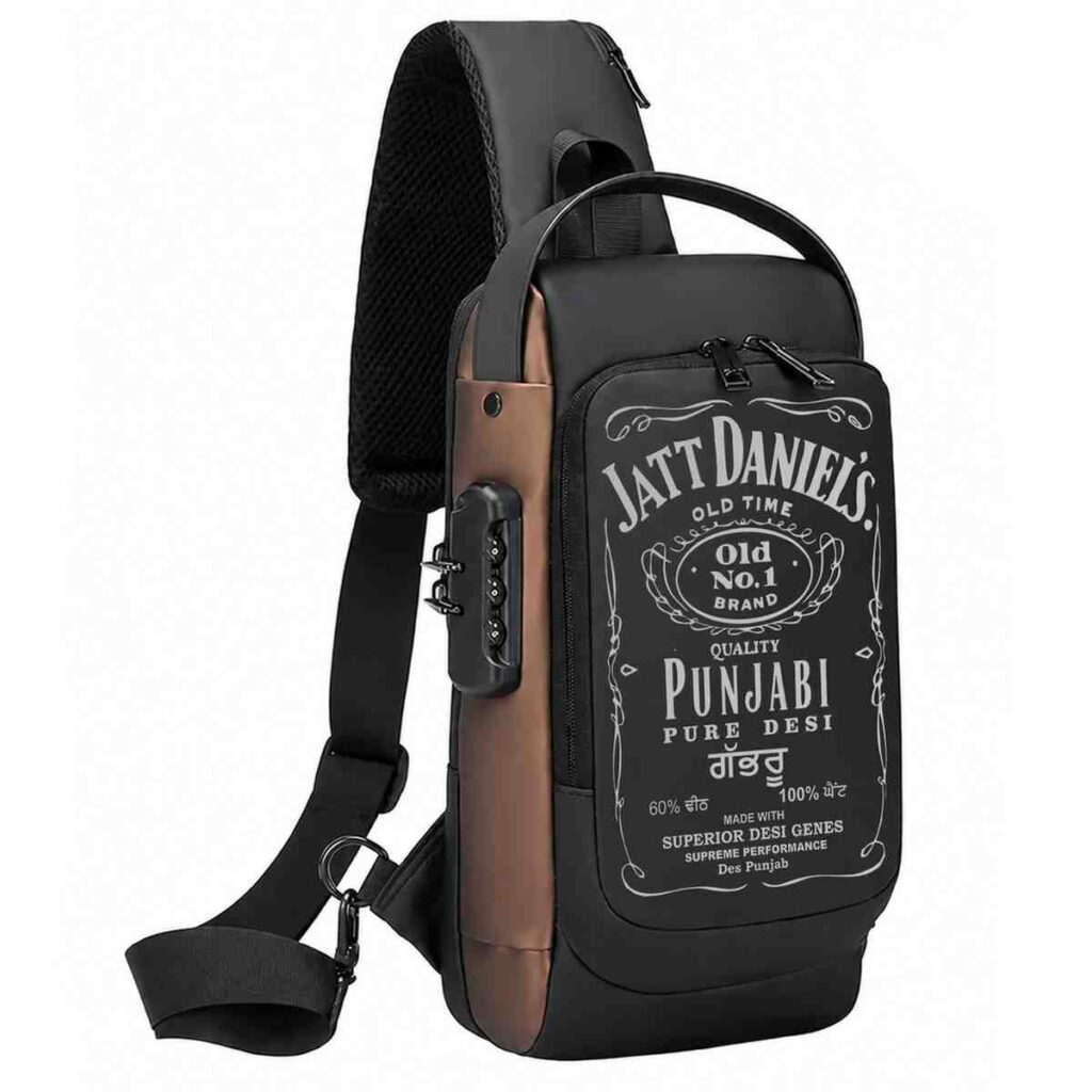 Jatt Daniels (Jack Daniels) Whisky Cover Printed Black Bronze Premium Chester Bag W/ Zipper Lock and Charging Port