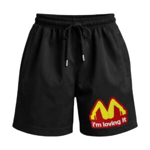 Fast Food, Faster Action | Mc Donals Logo Naughty Parody Premium Relaxed Fit Front Print Black Shorts