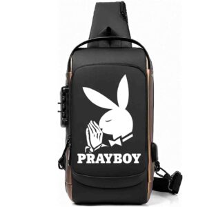 Pray Boy – Playboy Parody Printed Black Bronze Premium Chester Bag W/ Zipper Lock and Charging Port